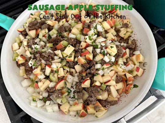 Sausage Apple Stuffing | Can't Stay Out of the Kitchen | this fantastic #stuffing #recipe is based on a #FannyFarmerCookbook recipe. It includes #sausage, #apples, #celery & it's made with a wholesome #EzekielBread. Perfect to serve with #chicken or #Turkey. #pork #Thanksgiving #Christmas #SausageAppleStuffing