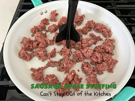 Sausage Apple Stuffing | Can't Stay Out of the Kitchen | this fantastic #stuffing #recipe is based on a #FannyFarmerCookbook recipe. It includes #sausage, #apples, #celery & it's made with a wholesome #EzekielBread. Perfect to serve with #chicken or #Turkey. #pork #Thanksgiving #Christmas #SausageAppleStuffing