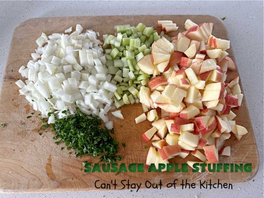 Sausage Apple Stuffing | Can't Stay Out of the Kitchen | this fantastic #stuffing #recipe is based on a #FannyFarmerCookbook recipe. It includes #sausage, #apples, #celery & it's made with a wholesome #EzekielBread. Perfect to serve with #chicken or #Turkey. #pork #Thanksgiving #Christmas #SausageAppleStuffing