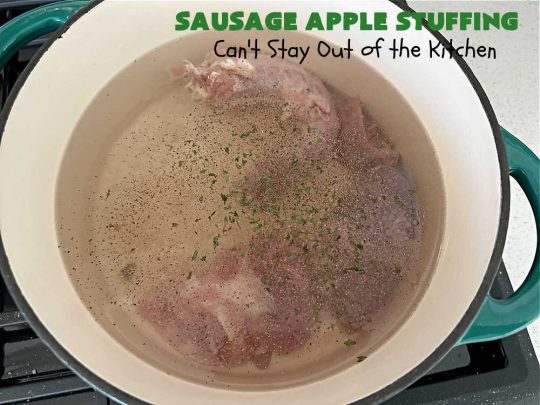 Sausage Apple Stuffing | Can't Stay Out of the Kitchen | this fantastic #stuffing #recipe is based on a #FannyFarmerCookbook recipe. It includes #sausage, #apples, #celery & it's made with a wholesome #EzekielBread. Perfect to serve with #chicken or #Turkey. #pork #Thanksgiving #Christmas #SausageAppleStuffing