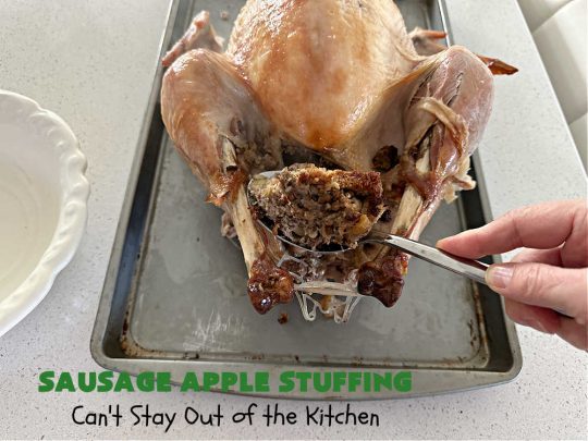 Sausage Apple Stuffing | Can't Stay Out of the Kitchen | this fantastic #stuffing #recipe is based on a #FannyFarmerCookbook recipe. It includes #sausage, #apples, #celery & it's made with a wholesome #EzekielBread. Perfect to serve with #chicken or #Turkey. #pork #Thanksgiving #Christmas #SausageAppleStuffing