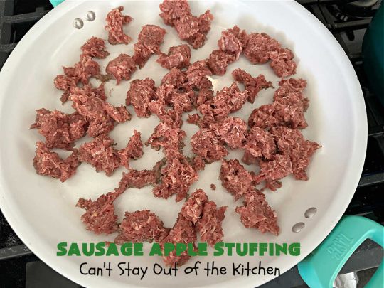 Sausage Apple Stuffing | Can't Stay Out of the Kitchen | this fantastic #stuffing #recipe is based on a #FannyFarmerCookbook recipe. It includes #sausage, #apples, #celery & it's made with a wholesome #EzekielBread. Perfect to serve with #chicken or #Turkey. #pork #Thanksgiving #Christmas #SausageAppleStuffing