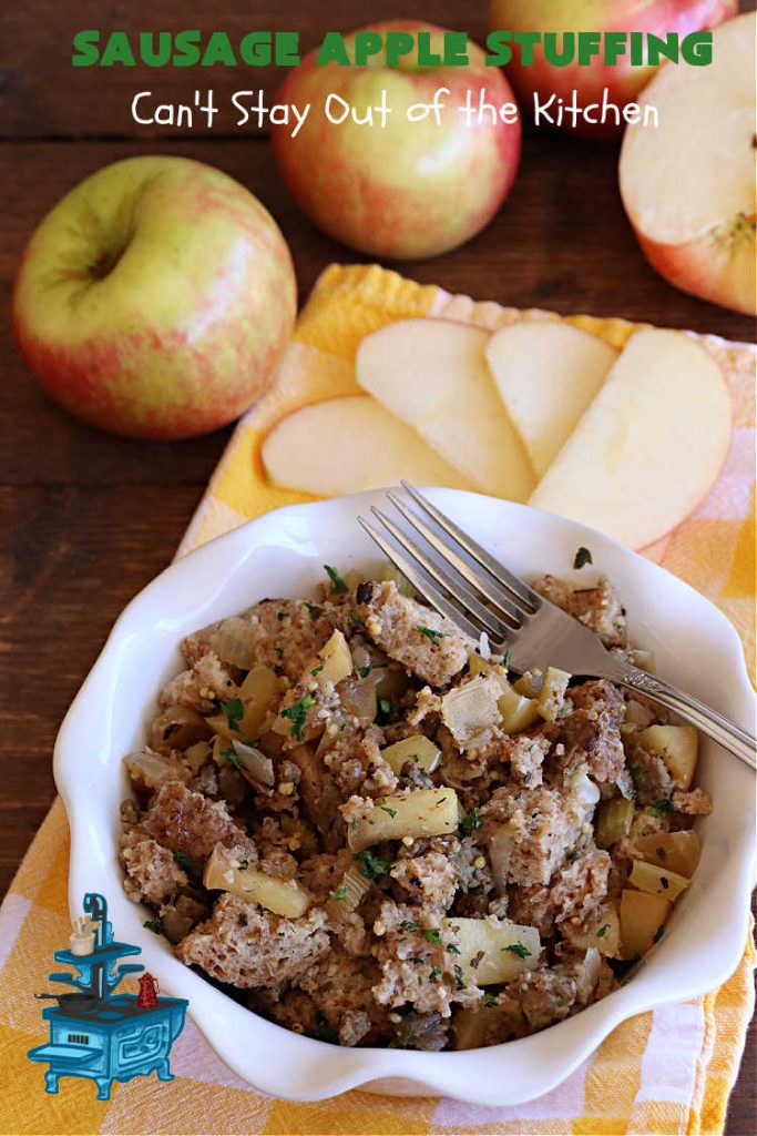 Sausage Apple Stuffing | Can't Stay Out of the Kitchen | this fantastic #stuffing #recipe is based on a #FannyFarmerCookbook recipe. It includes #sausage, #apples, #celery & it's made with a wholesome #EzekielBread. Perfect to serve with #chicken or #Turkey. #pork #Thanksgiving #Christmas #SausageAppleStuffing