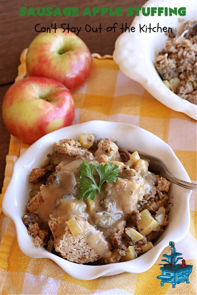 Sausage Apple Stuffing | Can't Stay Out of the Kitchen | this fantastic #stuffing #recipe is based on a #FannyFarmerCookbook recipe. It includes #sausage, #apples, #celery & it's made with a wholesome #EzekielBread. Perfect to serve with #chicken or #Turkey. #pork #Thanksgiving #Christmas #SausageAppleStuffing
