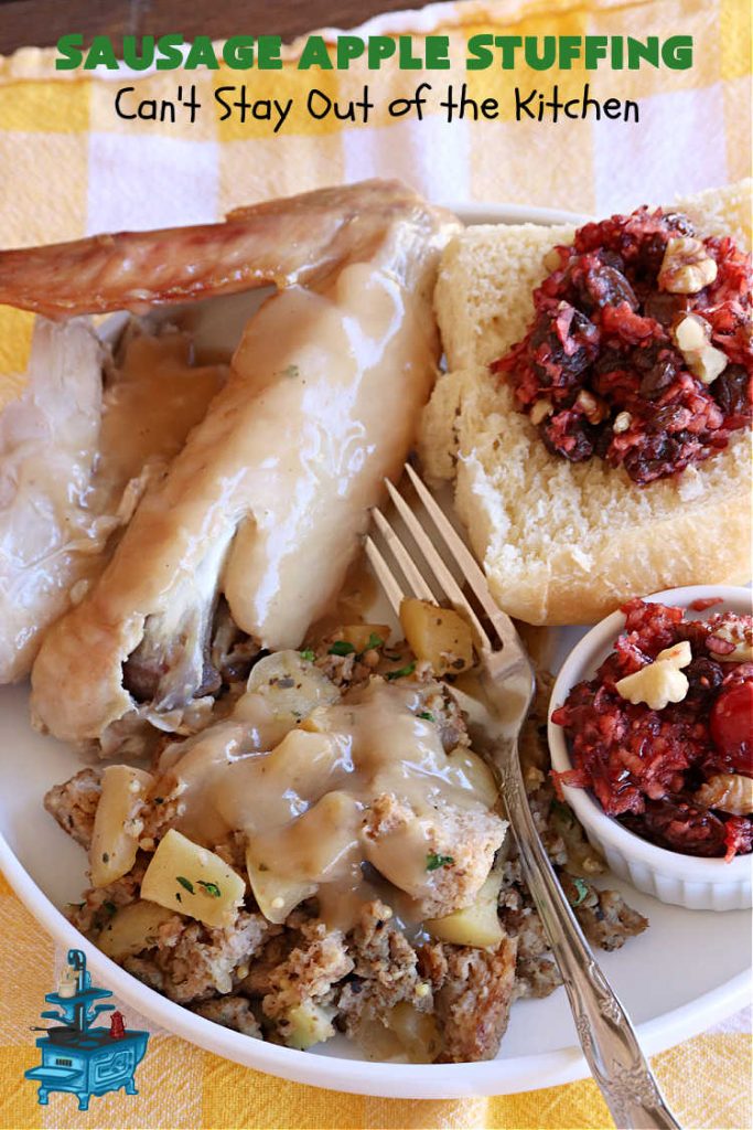 Sausage Apple Stuffing | Can't Stay Out of the Kitchen | this fantastic #stuffing #recipe is based on a #FannyFarmerCookbook recipe. It includes #sausage, #apples, #celery & it's made with a wholesome #EzekielBread. Perfect to serve with #chicken or #Turkey. #pork #Thanksgiving #Christmas #SausageAppleStuffing