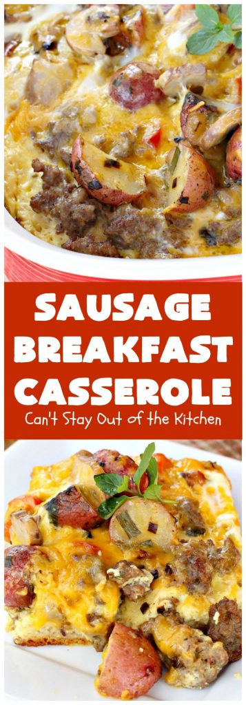 Sausage Breakfast Casserole | Can't Stay Out of the Kitchen | this is an amped up version of a #holiday #breakfast #casserole with #sausage, fried #potatoes, bell peppers, #mushrooms & loads of #cheddarcheese. We love it for #Christmas or #NewYearsDay breakfast because you can make it the night before & pop it in the oven an hour before you need it! #pork #ChristmasBreakfast #HolidayBreakfast #brunch #glutenfree #GlutenFreeBreakfastCasserole