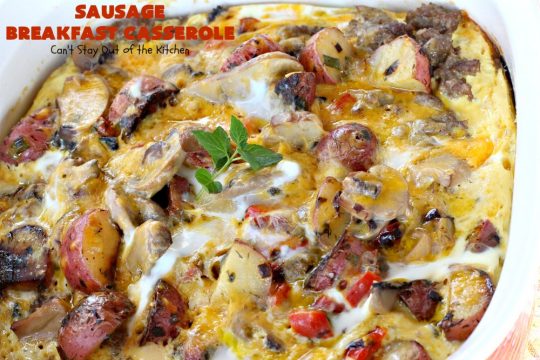 Sausage Breakfast Casserole | Can't Stay Out of the Kitchen | this is an amped up version of a #holiday #breakfast #casserole with #sausage, fried #potatoes, bell peppers, #mushrooms & loads of #cheddarcheese. We love it for #Christmas or #NewYearsDay breakfast because you can make it the night before & pop it in the oven an hour before you need it! #pork #ChristmasBreakfast #HolidayBreakfast #brunch #glutenfree #GlutenFreeBreakfastCasserole