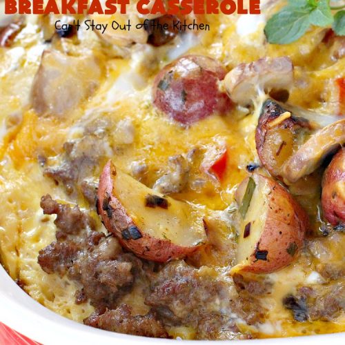 Sausage Breakfast Casserole | Can't Stay Out of the Kitchen | this is an amped up version of a #holiday #breakfast #casserole with #sausage, fried #potatoes, bell peppers, #mushrooms & loads of #cheddarcheese. We love it for #Christmas or #NewYearsDay breakfast because you can make it the night before & pop it in the oven an hour before you need it! #pork #ChristmasBreakfast #HolidayBreakfast #brunch #glutenfree #GlutenFreeBreakfastCasserole