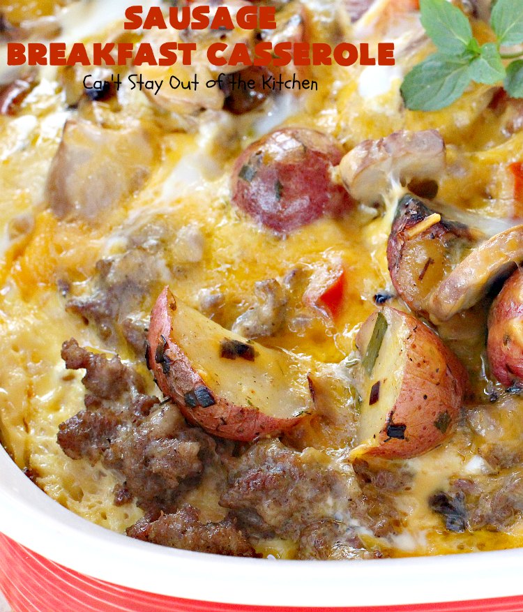 Sausage Breakfast Casserole | Can't Stay Out of the Kitchen | this is an amped up version of a #holiday #breakfast #casserole with #sausage, fried #potatoes, bell peppers, #mushrooms & loads of #cheddarcheese. We love it for #Christmas or #NewYearsDay breakfast because you can make it the night before & pop it in the oven an hour before you need it! #pork #ChristmasBreakfast #HolidayBreakfast #brunch #glutenfree #GlutenFreeBreakfastCasserole