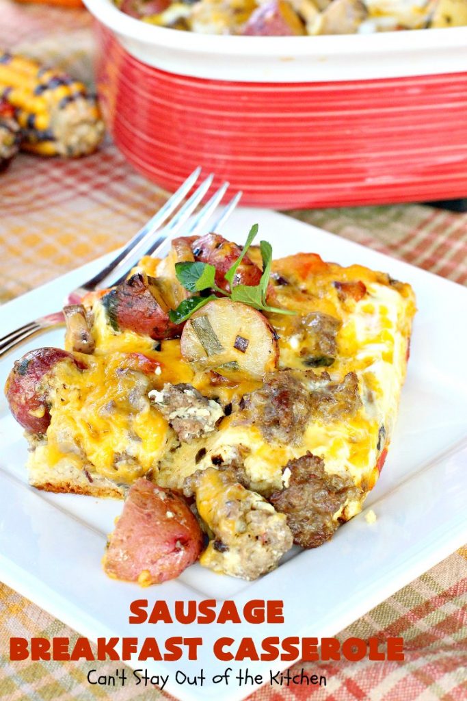 Sausage Breakfast Casserole | Can't Stay Out of the Kitchen | this is an amped up version of a #holiday #breakfast #casserole with #sausage, fried #potatoes, bell peppers, #mushrooms & loads of #cheddarcheese. We love it for #Christmas or #NewYearsDay breakfast because you can make it the night before & pop it in the oven an hour before you need it! #pork #ChristmasBreakfast #HolidayBreakfast #brunch #glutenfree #GlutenFreeBreakfastCasserole