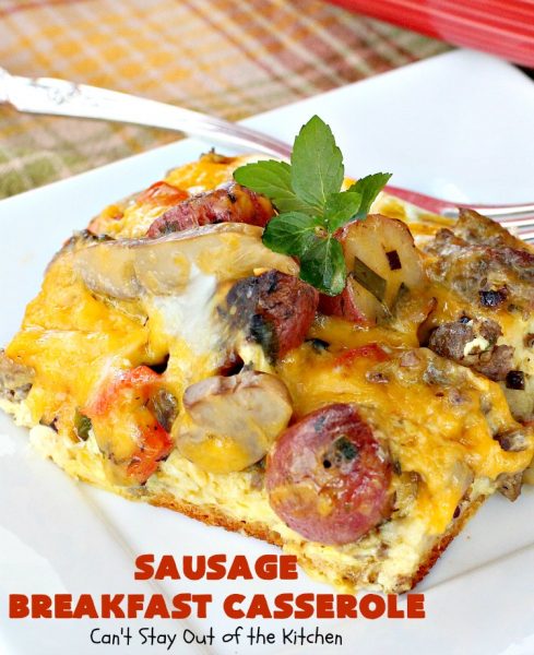 Sausage Breakfast Casserole | Can't Stay Out of the Kitchen | this is an amped up version of a #holiday #breakfast #casserole with #sausage, fried #potatoes, bell peppers, #mushrooms & loads of #cheddarcheese. We love it for #Christmas or #NewYearsDay breakfast because you can make it the night before & pop it in the oven an hour before you need it! #pork #ChristmasBreakfast #HolidayBreakfast #brunch #glutenfree #GlutenFreeBreakfastCasserole