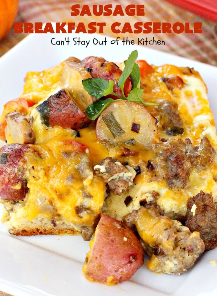 Sausage Breakfast Casserole | Can't Stay Out of the Kitchen | this is an amped up version of a #holiday #breakfast #casserole with #sausage, fried #potatoes, bell peppers, #mushrooms & loads of #cheddarcheese. We love it for #Christmas or #NewYearsDay breakfast because you can make it the night before & pop it in the oven an hour before you need it! #pork #ChristmasBreakfast #HolidayBreakfast #brunch #glutenfree #GlutenFreeBreakfastCasserole