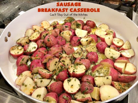 Sausage Breakfast Casserole | Can't Stay Out of the Kitchen | this is an amped up version of a #holiday #breakfast #casserole with #sausage, fried #potatoes, bell peppers, #mushrooms & loads of #cheddarcheese. We love it for #Christmas or #NewYearsDay breakfast because you can make it the night before & pop it in the oven an hour before you need it! #pork #ChristmasBreakfast #HolidayBreakfast #brunch #glutenfree #GlutenFreeBreakfastCasserole