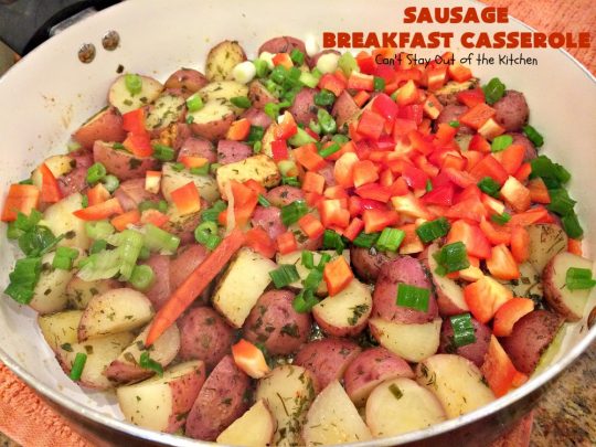 Sausage Breakfast Casserole | Can't Stay Out of the Kitchen | this is an amped up version of a #holiday #breakfast #casserole with #sausage, fried #potatoes, bell peppers, #mushrooms & loads of #cheddarcheese. We love it for #Christmas or #NewYearsDay breakfast because you can make it the night before & pop it in the oven an hour before you need it! #pork #ChristmasBreakfast #HolidayBreakfast #brunch #glutenfree #GlutenFreeBreakfastCasserole