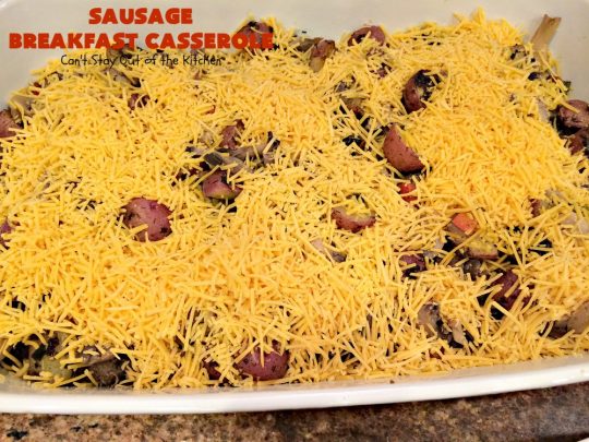 Sausage Breakfast Casserole | Can't Stay Out of the Kitchen | this is an amped up version of a #holiday #breakfast #casserole with #sausage, fried #potatoes, bell peppers, #mushrooms & loads of #cheddarcheese. We love it for #Christmas or #NewYearsDay breakfast because you can make it the night before & pop it in the oven an hour before you need it! #pork #ChristmasBreakfast #HolidayBreakfast #brunch #glutenfree #GlutenFreeBreakfastCasserole