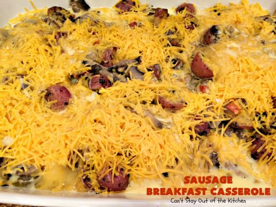 Sausage Breakfast Casserole | Can't Stay Out of the Kitchen | this is an amped up version of a #holiday #breakfast #casserole with #sausage, fried #potatoes, bell peppers, #mushrooms & loads of #cheddarcheese. We love it for #Christmas or #NewYearsDay breakfast because you can make it the night before & pop it in the oven an hour before you need it! #pork #ChristmasBreakfast #HolidayBreakfast #brunch #glutenfree #GlutenFreeBreakfastCasserole