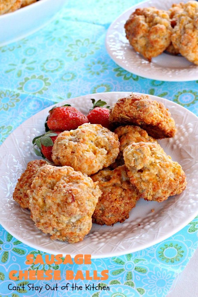 Sausage Cheese Balls | Can't Stay Out of the Kitchen | these fantastic #SausageBalls are terrific as an #appetizer for #Tailgating parties, potlucks or the #SuperBowl! They're also wonderful for #Breakfast. #Holiday #HolidayBreakfast #HolidayAppetizer #pork #Sausage #CheddarCheese #Bisquick 