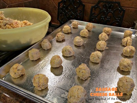 Sausage Cheese Balls | Can't Stay Out of the Kitchen | these fantastic #SausageBalls are terrific as an #appetizer for #Tailgating parties, potlucks or the #SuperBowl! They're also wonderful for #Breakfast. #Holiday #HolidayBreakfast #HolidayAppetizer #pork #Sausage #CheddarCheese #Bisquick 