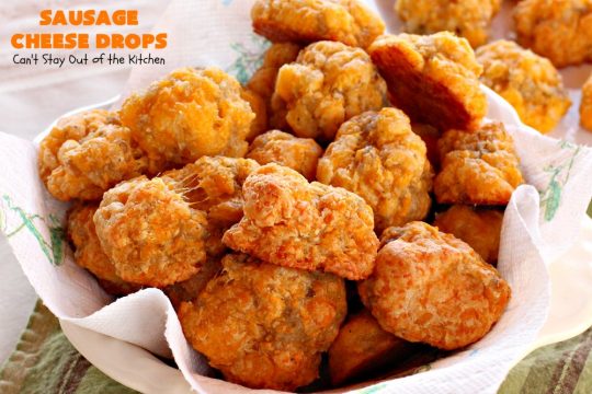 Sausage Cheese Drops | Can't Stay Out of the Kitchen | fabulous, easy 4-ingredient #recipe that spells comfort food! This one is terrific for a #holiday #breakfast like #NewYearsDay or any other time during the year! #sausage #SausageBalls #Bisquick #appetizer #cheddarcheese #HolidayBreakfast #SausageAppetizer #pork