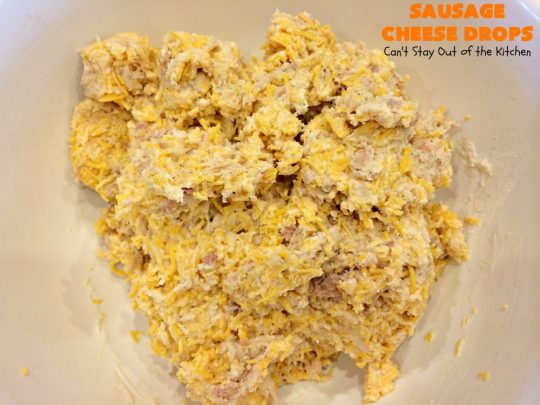 Sausage Cheese Drops | Can't Stay Out of the Kitchen | fabulous, easy 4-ingredient #recipe that spells comfort food! This one is terrific for a #holiday #breakfast like #NewYearsDay or any other time during the year! #sausage #SausageBalls #Bisquick #appetizer #cheddarcheese #HolidayBreakfast #SausageAppetizer #pork