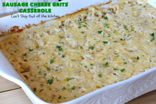 Sausage Cheese Grits Casserole | Can't Stay Out of the Kitchen | this amazing #Grits #casserole is amped up in flavor with the additions of #sausage & #CheddarCheese. Because it can be prepared a day in advance, it's an easy & delicious #breakfast dish for #holiday fare like #MothersDay or #FathersDay. #Southern #Pork #SausageGrits #CheeseGrits #SausageCheeseGritsCasserole #GlutenFree #GlutenFreeBreakfast #HolidayBreakfast #MothersDayBreakast #FathersDayBreakfast #GlutenFreeCheeseGrits 