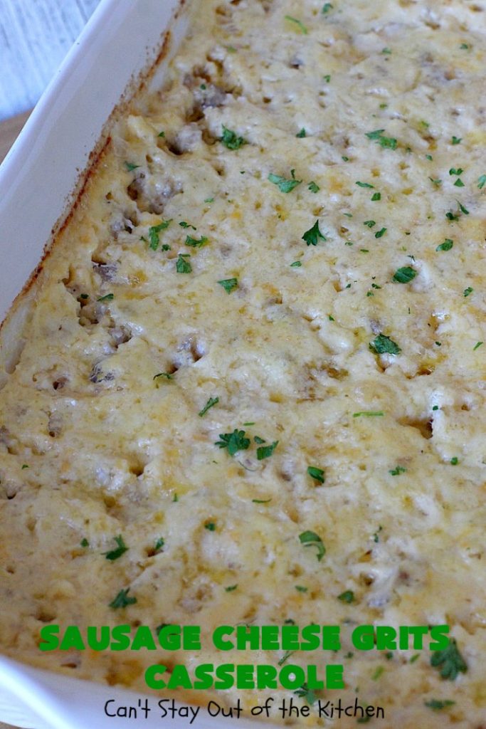 Sausage Cheese Grits Casserole | Can't Stay Out of the Kitchen | this amazing #Grits #casserole is amped up in flavor with the additions of #sausage & #CheddarCheese. Because it can be prepared a day in advance, it's an easy & delicious #breakfast dish for #holiday fare like #MothersDay or #FathersDay. #Southern #Pork #SausageGrits #CheeseGrits #SausageCheeseGritsCasserole #GlutenFree #GlutenFreeBreakfast #HolidayBreakfast #MothersDayBreakast #FathersDayBreakfast #GlutenFreeCheeseGrits 