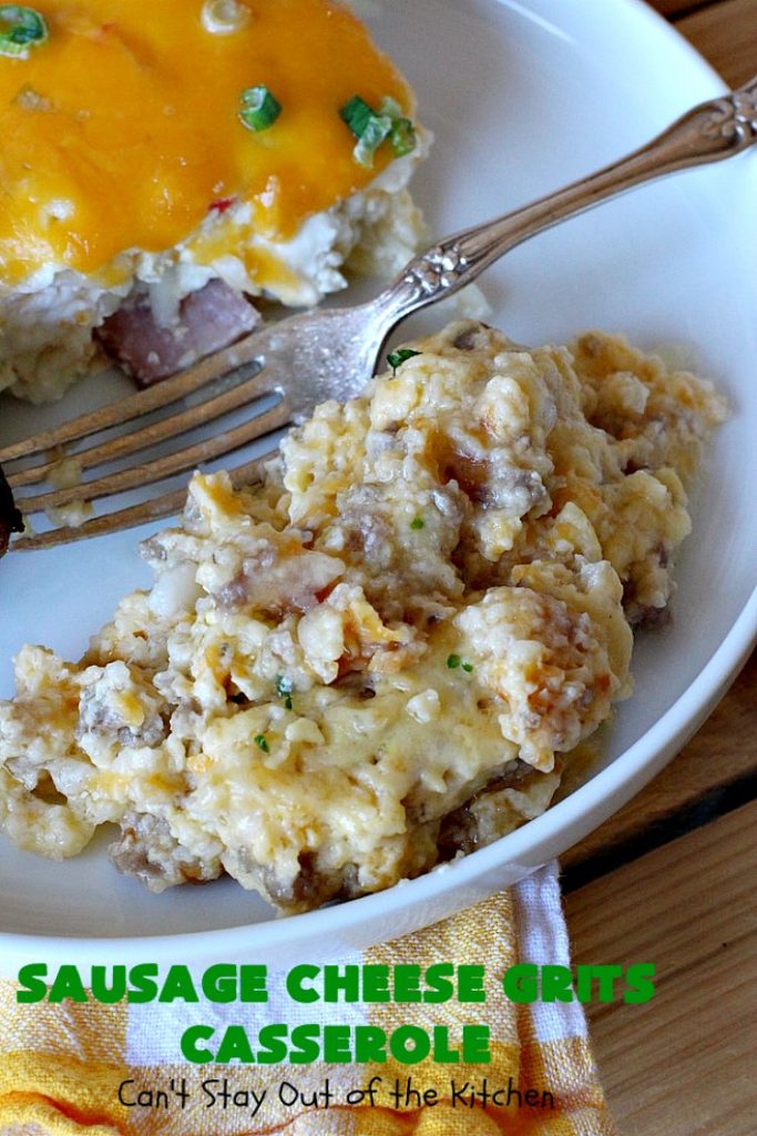 Sausage Cheese Grits Casserole | Can't Stay Out of the Kitchen | this amazing #Grits #casserole is amped up in flavor with the additions of #sausage & #CheddarCheese. Because it can be prepared a day in advance, it's an easy & delicious #breakfast dish for #holiday fare like #MothersDay or #FathersDay. #Southern #Pork #SausageGrits #CheeseGrits #SausageCheeseGritsCasserole #GlutenFree #GlutenFreeBreakfast #HolidayBreakfast #MothersDayBreakast #FathersDayBreakfast #GlutenFreeCheeseGrits 