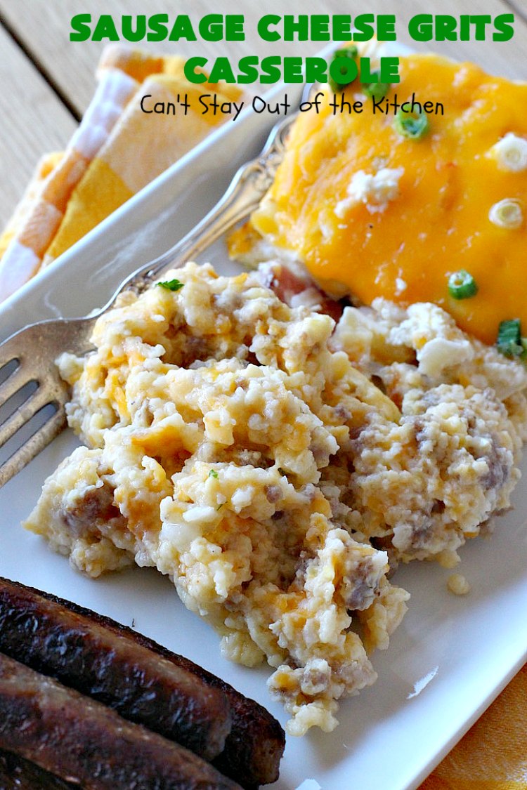 Sausage Cheese Grits Casserole | Can't Stay Out of the Kitchen | this amazing #Grits #casserole is amped up in flavor with the additions of #sausage & #CheddarCheese. Because it can be prepared a day in advance, it's an easy & delicious #breakfast dish for #holiday fare like #MothersDay or #FathersDay. #Southern #Pork #SausageGrits #CheeseGrits #SausageCheeseGritsCasserole #GlutenFree #GlutenFreeBreakfast #HolidayBreakfast #MothersDayBreakast #FathersDayBreakfast #GlutenFreeCheeseGrits