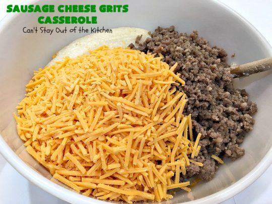 Sausage Cheese Grits Casserole | Can't Stay Out of the Kitchen | this amazing #Grits #casserole is amped up in flavor with the additions of #sausage & #CheddarCheese. Because it can be prepared a day in advance, it's an easy & delicious #breakfast dish for #holiday fare like #MothersDay or #FathersDay. #Southern #Pork #SausageGrits #CheeseGrits #SausageCheeseGritsCasserole #GlutenFree #GlutenFreeBreakfast #HolidayBreakfast #MothersDayBreakast #FathersDayBreakfast #GlutenFreeCheeseGrits 