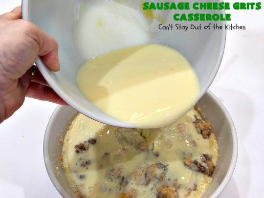 Sausage Cheese Grits Casserole | Can't Stay Out of the Kitchen | this amazing #Grits #casserole is amped up in flavor with the additions of #sausage & #CheddarCheese. Because it can be prepared a day in advance, it's an easy & delicious #breakfast dish for #holiday fare like #MothersDay or #FathersDay. #Southern #Pork #SausageGrits #CheeseGrits #SausageCheeseGritsCasserole #GlutenFree #GlutenFreeBreakfast #HolidayBreakfast #MothersDayBreakast #FathersDayBreakfast #GlutenFreeCheeseGrits 