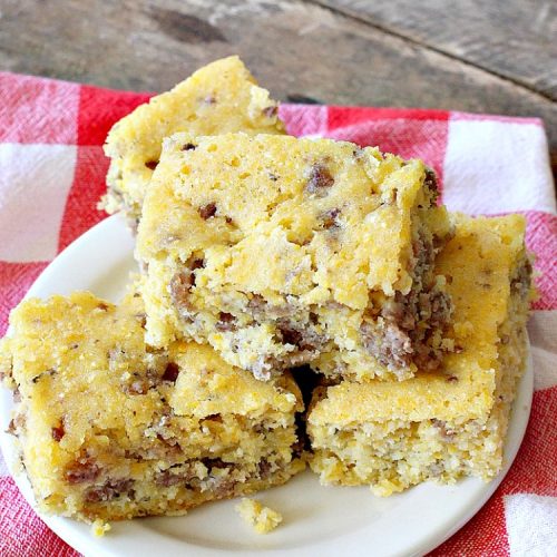 Sausage Cornbread | Can't Stay Out of the Kitchen | this #cornbread is awesome! It starts with a #PaulaDeen #recipe but adds #sausage. It's so mouthwatering & a great side for any dinner menu.