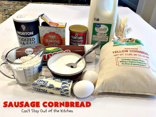 Sausage Cornbread | Can't Stay Out of the Kitchen | this #cornbread is awesome! It starts with a #PaulaDeen #recipe but adds #sausage. It's so mouthwatering & a great side for any dinner menu.