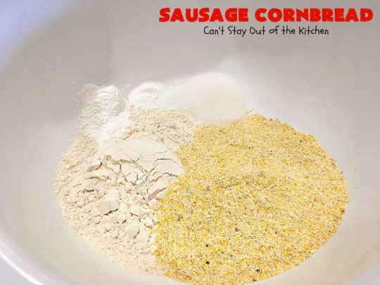 Sausage Cornbread | Can't Stay Out of the Kitchen | this #cornbread is awesome! It starts with a #PaulaDeen #recipe but adds #sausage. It's so mouthwatering & a great side for any dinner menu.
