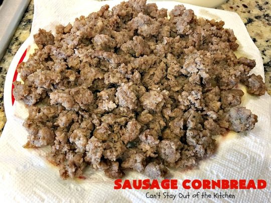 Sausage Cornbread | Can't Stay Out of the Kitchen | this #cornbread is awesome! It starts with a #PaulaDeen #recipe but adds #sausage. It's so mouthwatering & a great side for any dinner menu.