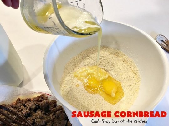 Sausage Cornbread | Can't Stay Out of the Kitchen | this #cornbread is awesome! It starts with a #PaulaDeen #recipe but adds #sausage. It's so mouthwatering & a great side for any dinner menu.