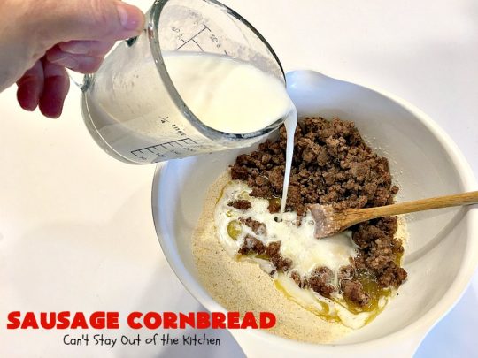 Sausage Cornbread | Can't Stay Out of the Kitchen | this #cornbread is awesome! It starts with a #PaulaDeen #recipe but adds #sausage. It's so mouthwatering & a great side for any dinner menu.