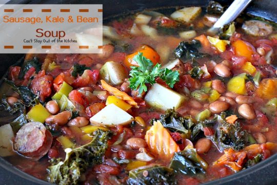 Slow Cooker Sausage, Kale and Bean Soup | Can't Stay Out of the Kitchen | this delicious #soup uses #chicken #sausage & lots of fresh #veggies. Plus it's made in the #slowcooker so it's quick & easy. Healthy, low calorie & #glutenfree.