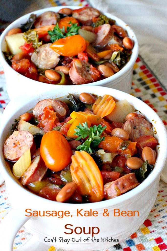 Slow Cooker Sausage, Kale and Bean Soup | Can't Stay Out of the Kitchen | this delicious #soup uses #chicken #sausage & lots of fresh #veggies. Plus it's made in the #slowcooker so it's quick & easy. Healthy, low calorie & #glutenfree.