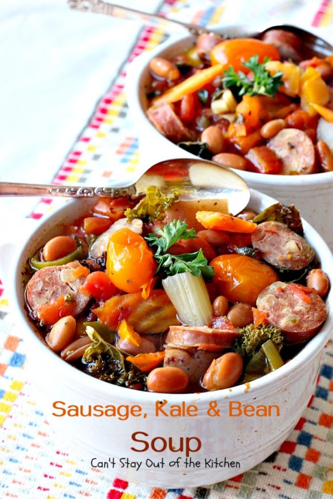 Slow Cooker Sausage, Kale and Bean Soup | Can't Stay Out of the Kitchen | this delicious #soup uses #chicken #sausage & lots of fresh #veggies. Plus it's made in the #slowcooker so it's quick & easy. Healthy, low calorie & #glutenfree.