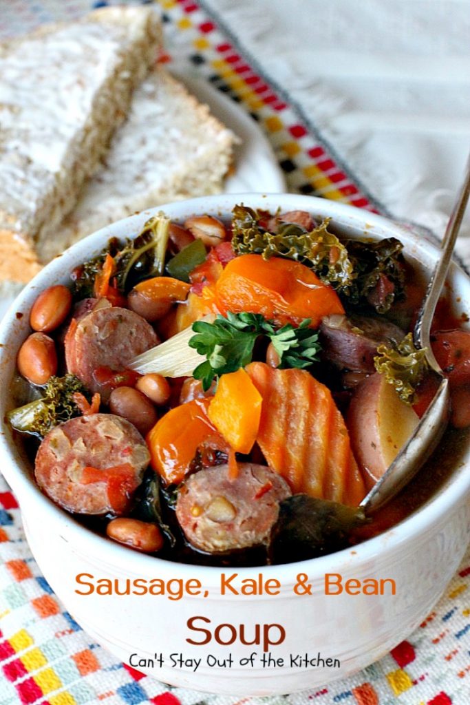 Slow Cooker Sausage, Kale and Bean Soup | Can't Stay Out of the Kitchen | this delicious #soup uses #chicken #sausage & lots of fresh #veggies. Plus it's made in the #slowcooker so it's quick & easy. Healthy, low calorie & #glutenfree.