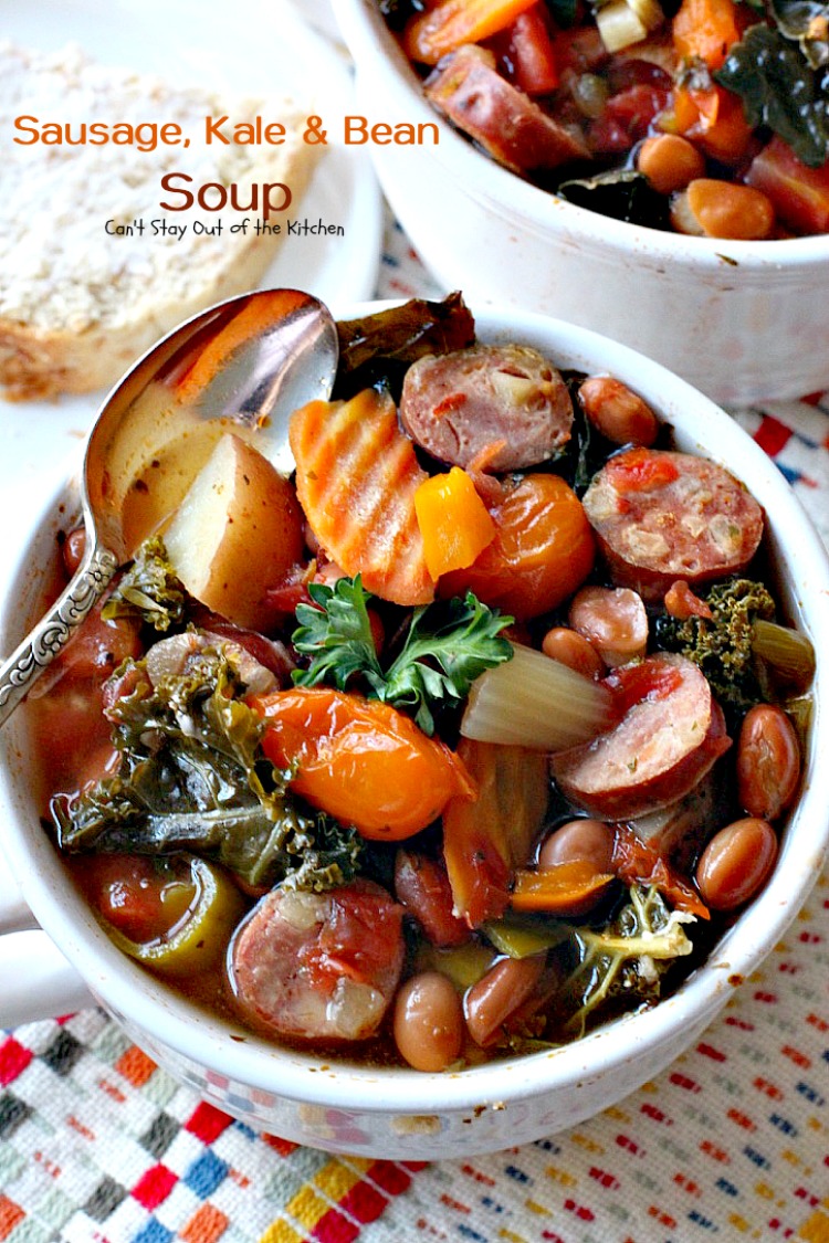 Slow Cooker Sausage, Kale and Bean Soup | Can't Stay Out of the Kitchen | this delicious #soup uses #chicken #sausage & lots of fresh #veggies. Plus it's made in the #slowcooker so it's quick & easy. Healthy, low calorie & #glutenfree.