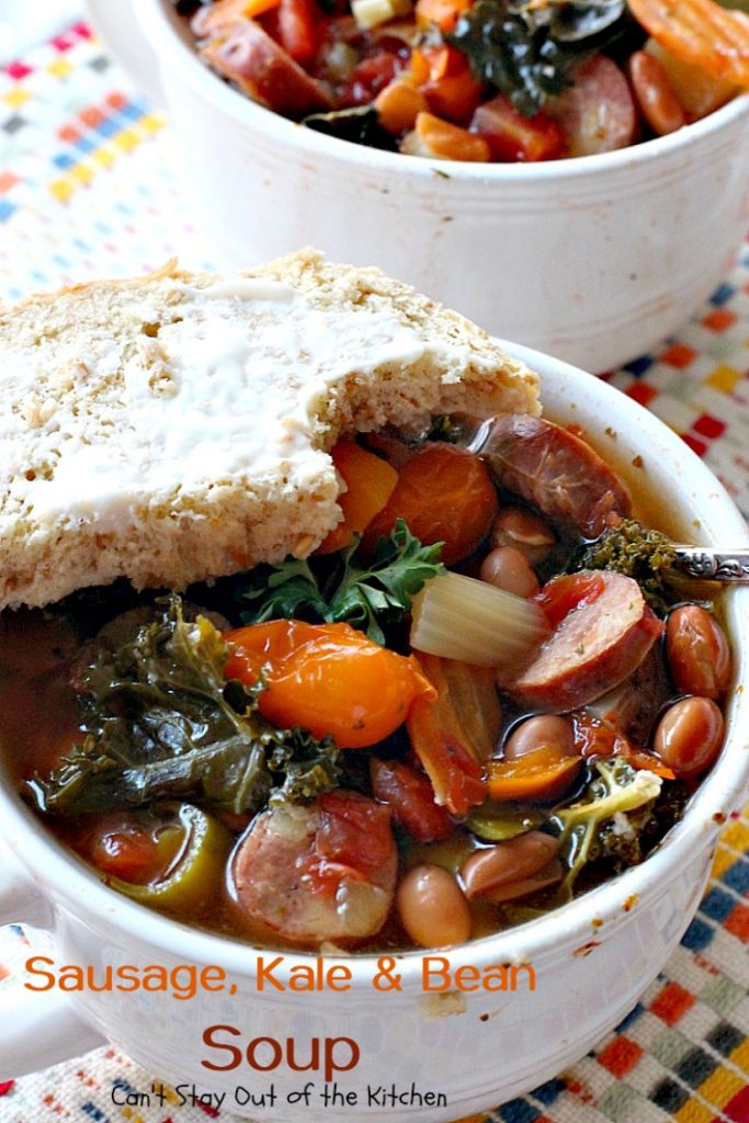 Slow Cooker Sausage, Kale and Bean Soup | Can't Stay Out of the Kitchen | this delicious #soup uses #chicken #sausage & lots of fresh #veggies. Plus it's made in the #slowcooker so it's quick & easy. Healthy, low calorie & #glutenfree.