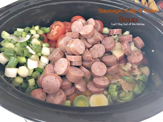Slow Cooker Sausage, Kale and Bean Soup | Can't Stay Out of the Kitchen | this delicious #soup uses #chicken #sausage & lots of fresh #veggies. Plus it's made in the #slowcooker so it's quick & easy. Healthy, low calorie & #glutenfree.