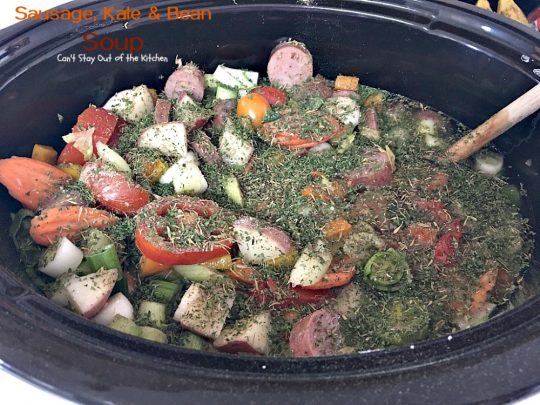 Slow Cooker Sausage, Kale and Bean Soup | Can't Stay Out of the Kitchen | this delicious #soup uses #chicken #sausage & lots of fresh #veggies. Plus it's made in the #slowcooker so it's quick & easy. Healthy, low calorie & #glutenfree.