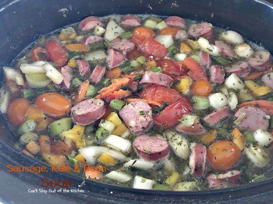 Slow Cooker Sausage, Kale and Bean Soup | Can't Stay Out of the Kitchen | this delicious #soup uses #chicken #sausage & lots of fresh #veggies. Plus it's made in the #slowcooker so it's quick & easy. Healthy, low calorie & #glutenfree.