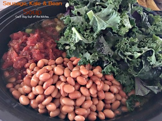 Slow Cooker Sausage, Kale and Bean Soup | Can't Stay Out of the Kitchen | this delicious #soup uses #chicken #sausage & lots of fresh #veggies. Plus it's made in the #slowcooker so it's quick & easy. Healthy, low calorie & #glutenfree.
