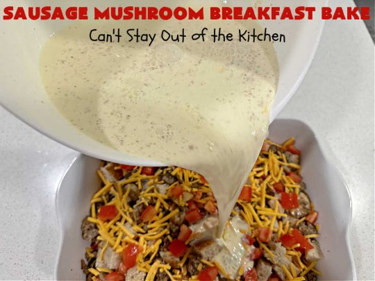 Sausage Mushroom Breakfast Bake | Can't Stay Out of the Kitchen | this #BreakfastCasserole is a delightful change-of-pace from traditional #breakfast #casseroles. This one includes #sausage, #mushrooms, #tomatoes, #eggs #CheddarCheese, #SourdoughBread & is seasoned with #parsley & #chives. It's big on taste & perfect for a weekend, company or #holiday #breakfast or #brunch. Your family & friends will enjoy every bite! #BreakfastBake #SausageMushroomBreakfastBake