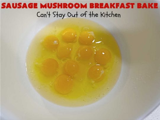 Sausage Mushroom Breakfast Bake | Can't Stay Out of the Kitchen | this #BreakfastCasserole is a delightful change-of-pace from traditional #breakfast #casseroles. This one includes #sausage, #mushrooms, #tomatoes, #eggs #CheddarCheese, #SourdoughBread & is seasoned with #parsley & #chives. It's big on taste & perfect for a weekend, company or #holiday #breakfast or #brunch. Your family & friends will enjoy every bite! #BreakfastBake #SausageMushroomBreakfastBake