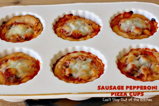 Sausage Pepperoni Pizza Cups | Can't Stay Out of the Kitchen | these outrageous miniature #pizzas are terrific for #holiday parties, #NewYearsDay, #tailgating parties & the #SuperBowl. This amazing 5-ingredient #recipe will rock your world! Every bite is sumptuous & irresistible. #sausage #pepperoni #MozzarellaCheese #MiniaturePizza #SausagePepperoniPizzaCups