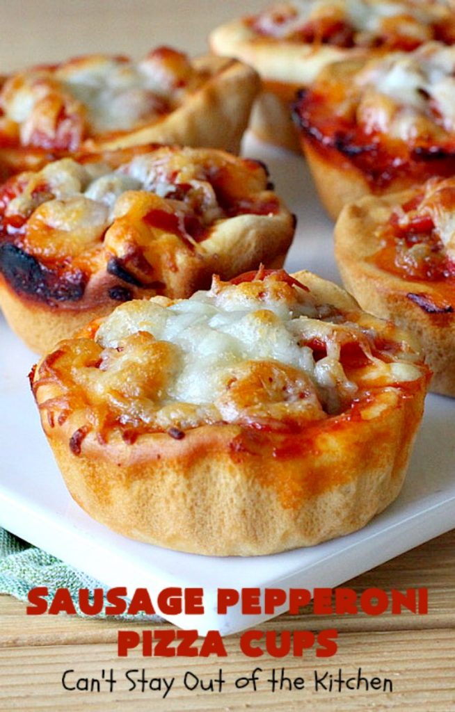 Sausage Pepperoni Pizza Cups | Can't Stay Out of the Kitchen | these outrageous miniature #pizzas are terrific for #holiday parties, #NewYearsDay, #tailgating parties & the #SuperBowl. This amazing 5-ingredient #recipe will rock your world! Every bite is sumptuous & irresistible. #sausage #pepperoni #MozzarellaCheese #MiniaturePizza #SausagePepperoniPizzaCups
